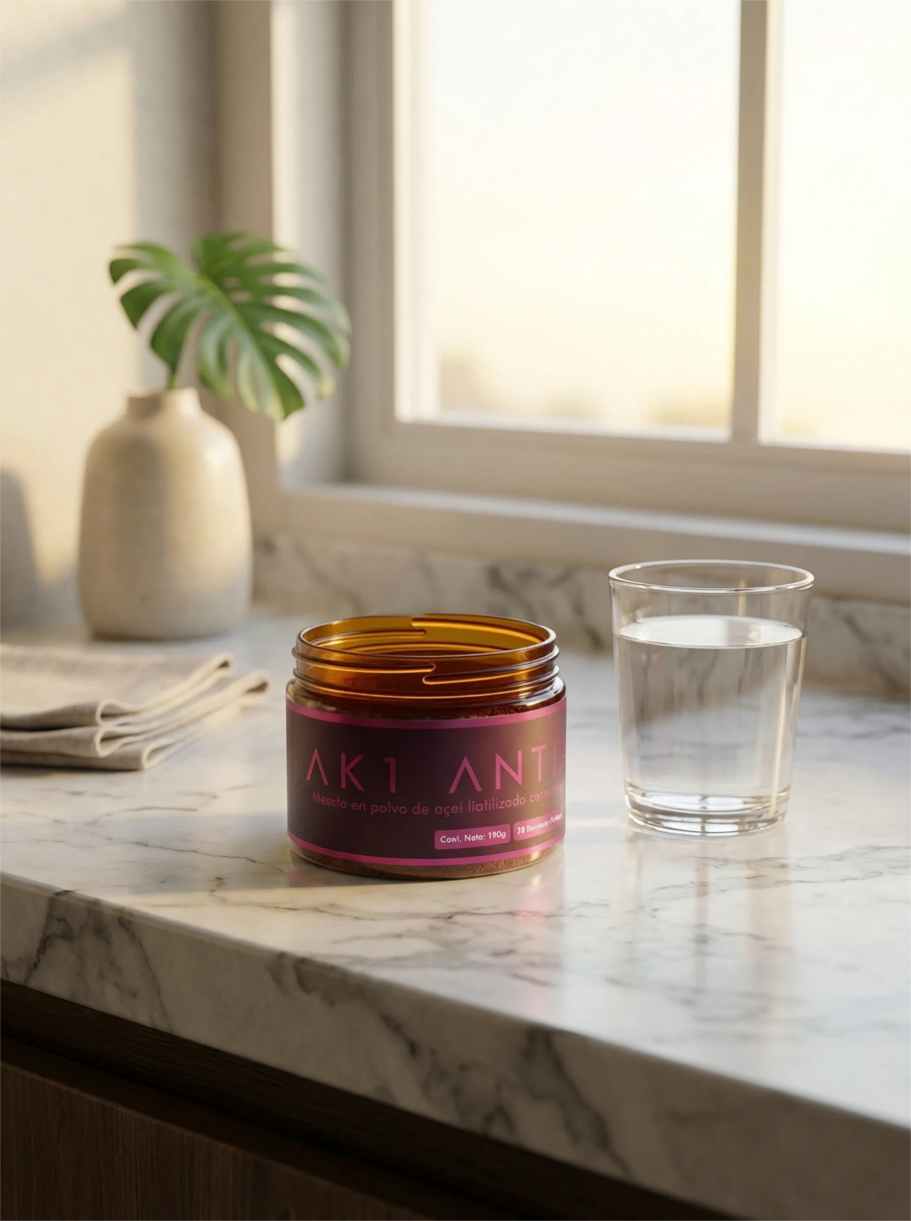 Cómo usar AK1 ANTIAGE frasco en mármol con vaso de agua